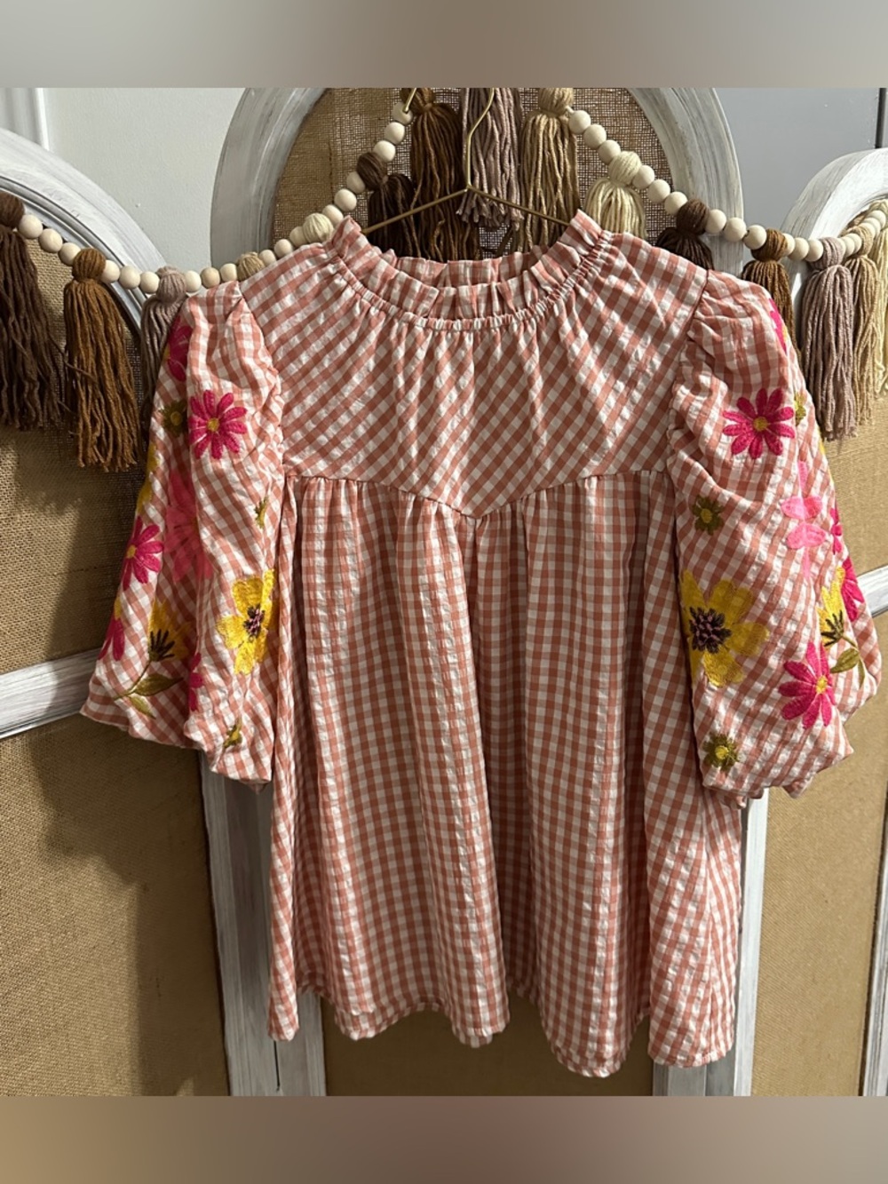ODDY Peach Gingham Puff Sleeve Blouse with Floral Embroidery
